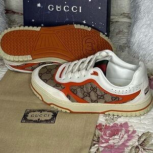 Gucci White and Orange Patterned Sneakers